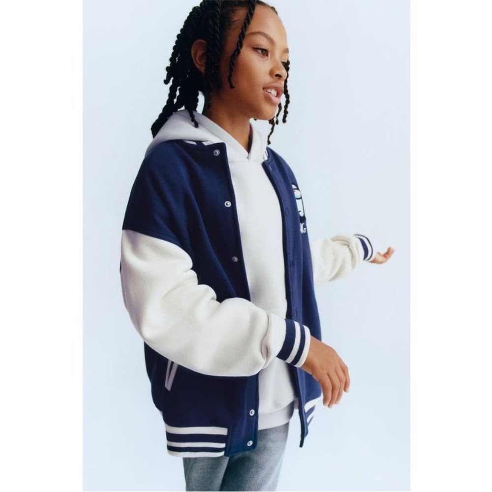 Zara Among Us Bomber Jacket Blue and White Graphic Hoodie 7-8 - Picture 2 of 8
